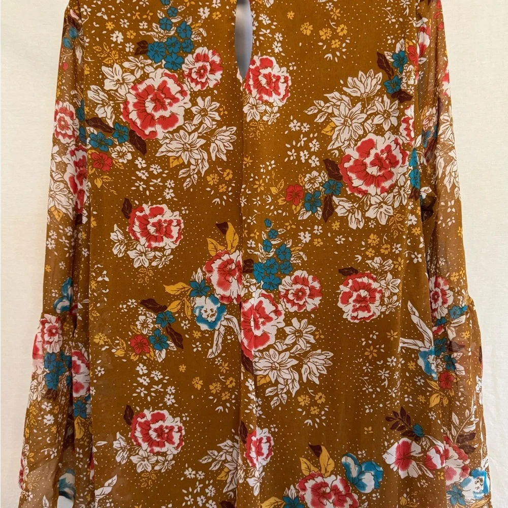 E-187 Charlotte Russe PLUS SIZE 1X Tan Red & Teal Long Bell Sleeve MIDI Dress - Picture 9 of 14